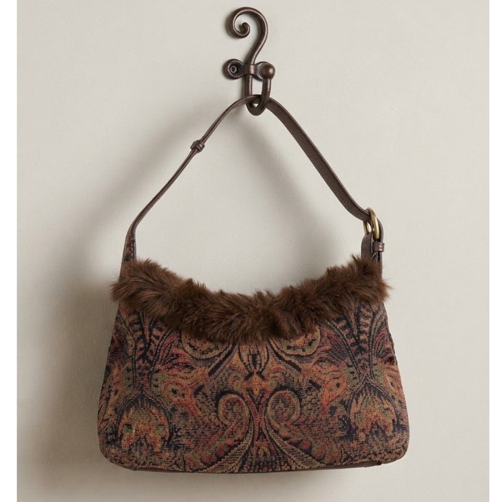 Bueno Vintage Tapestry Faux Fur Trim Shoulder Bag Brown Paisley Lizard Embossed
